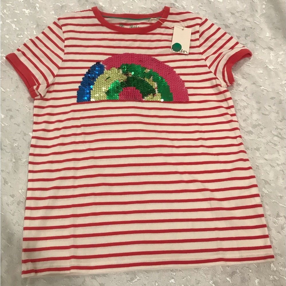Mini Boden Girls' Red & White Stripe Sequin Rainbow Tee NWT